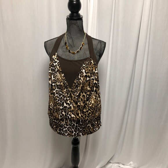 IZ Byer California Halter Top Womens Size XL Brown Animal Print Layered Look - Picture 1 of 6